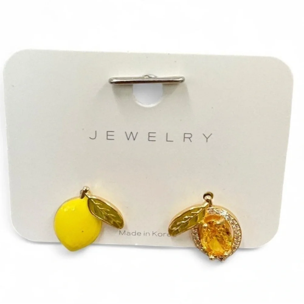 Sunlit Lemon Enamel &‎ Gold Gem Earrings 1cm Mismatched Summer Jewelry